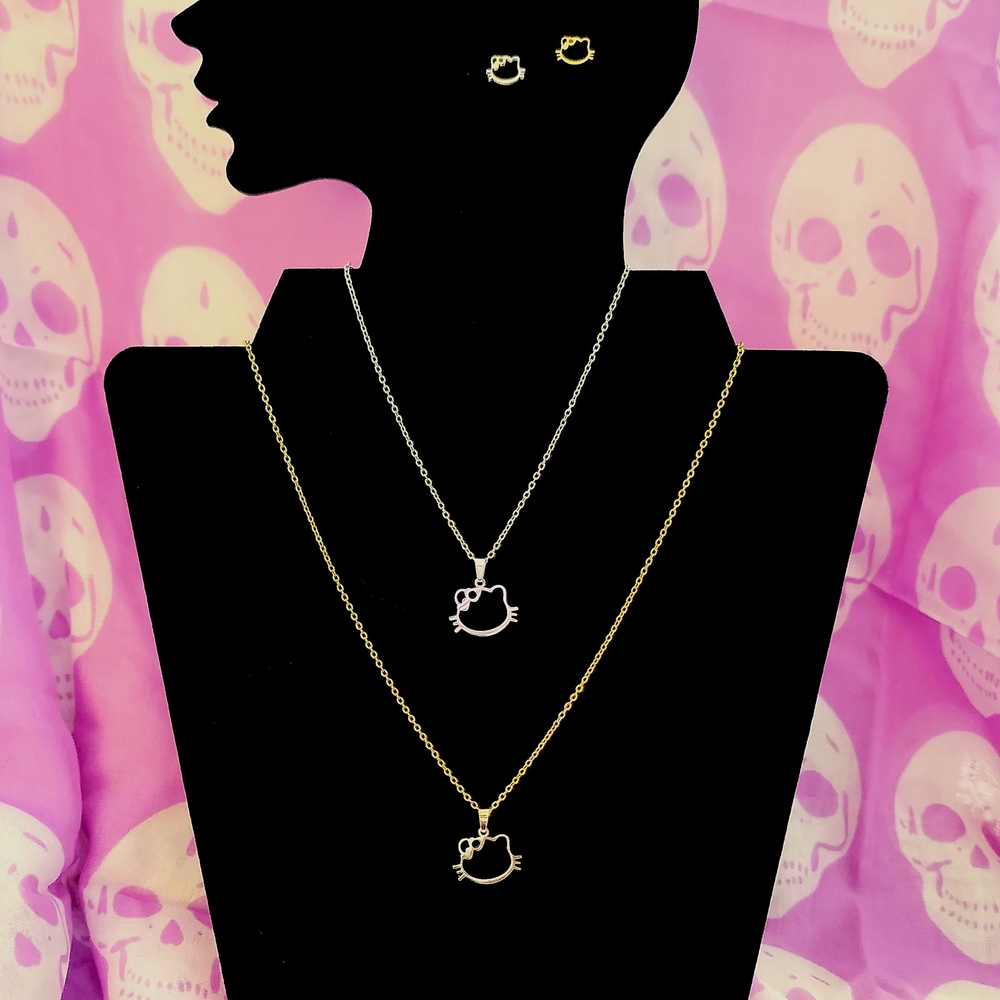 Charming Stainless Steel Silver and Gold Cat Necklace Set